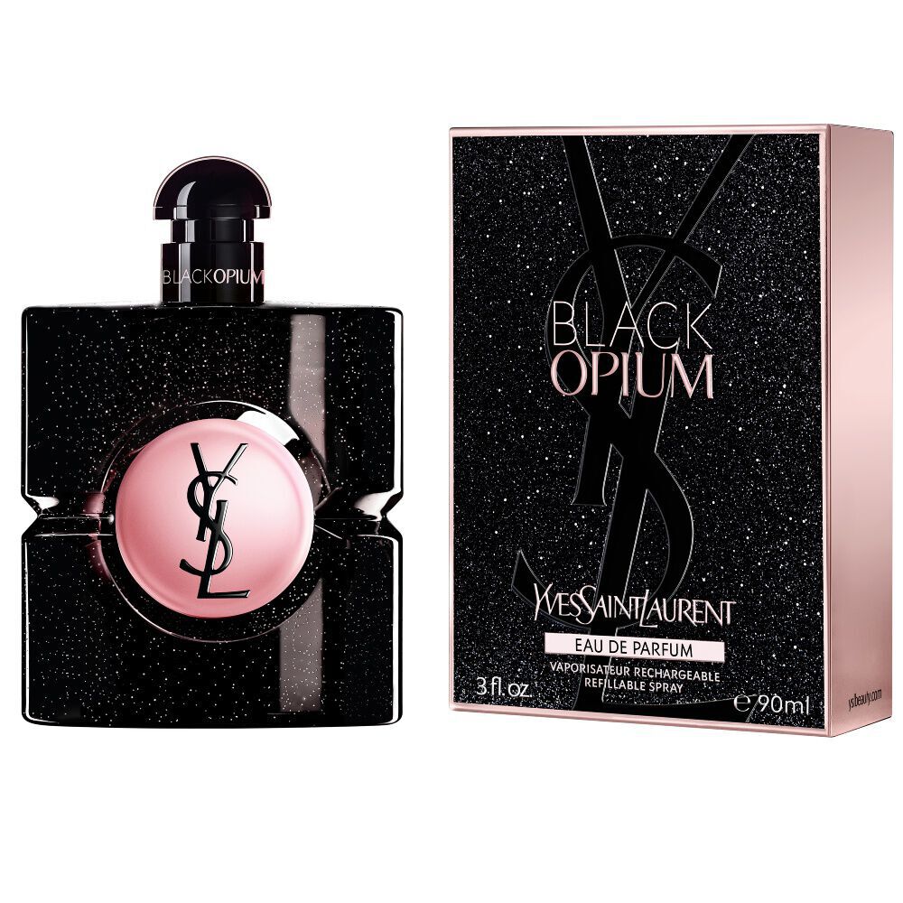 Flacon Black Opium Eau de Parfum aux cotes de son ecrin noir paillete assorti, orne de la Cassandre YSL.