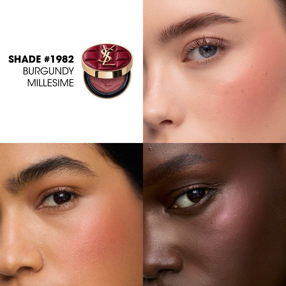 Duo maquillage de fete YSL sur des traits de texture bordeaux, palette et gloss a l’appui.