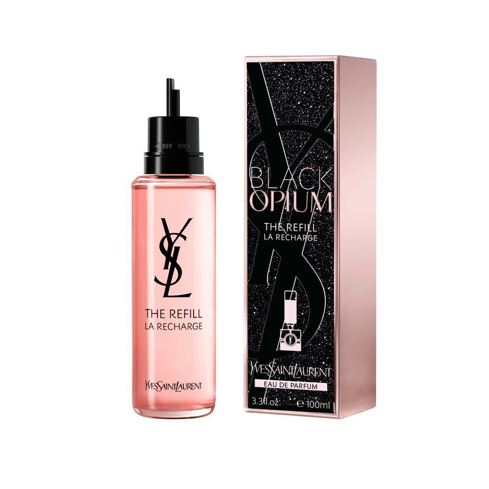 Flacon recharge Black Opium Eau de Parfum a cote de son ecrin noir paillete assorti, orne de la Cassandre YSL.