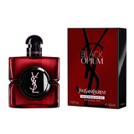 Flacon de Black Opium Eau de Parfum Over Red a cote de son etui rouge assorti orne du logo YSL.