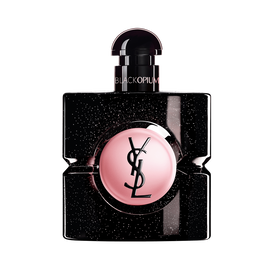 Black Opium Eau de Parfum in a black glitter bottle with a pink center, featuring the YSL logo.