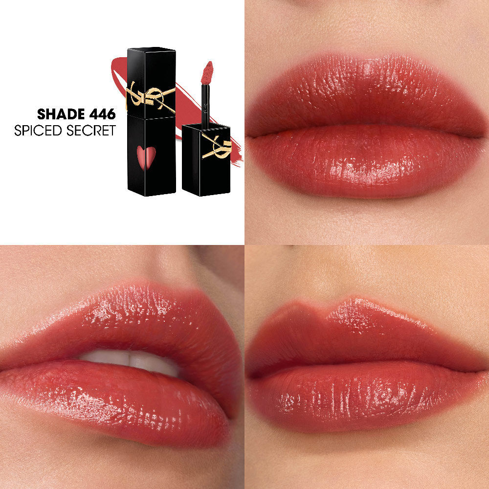 Collage presentant le flacon de teinture a levres YSL et un echantillon de texture (en haut a gauche), aux cotes de trois gros plans de teintes sur des tons de peau differents, dont une en train d'etre appliquee avec le pinceau.