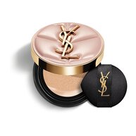 YSL SKIN AFFAIR SOFT GLOW CUSHION FOUNDATION. Pink quilted couture case with gold logo and black makeup puff.