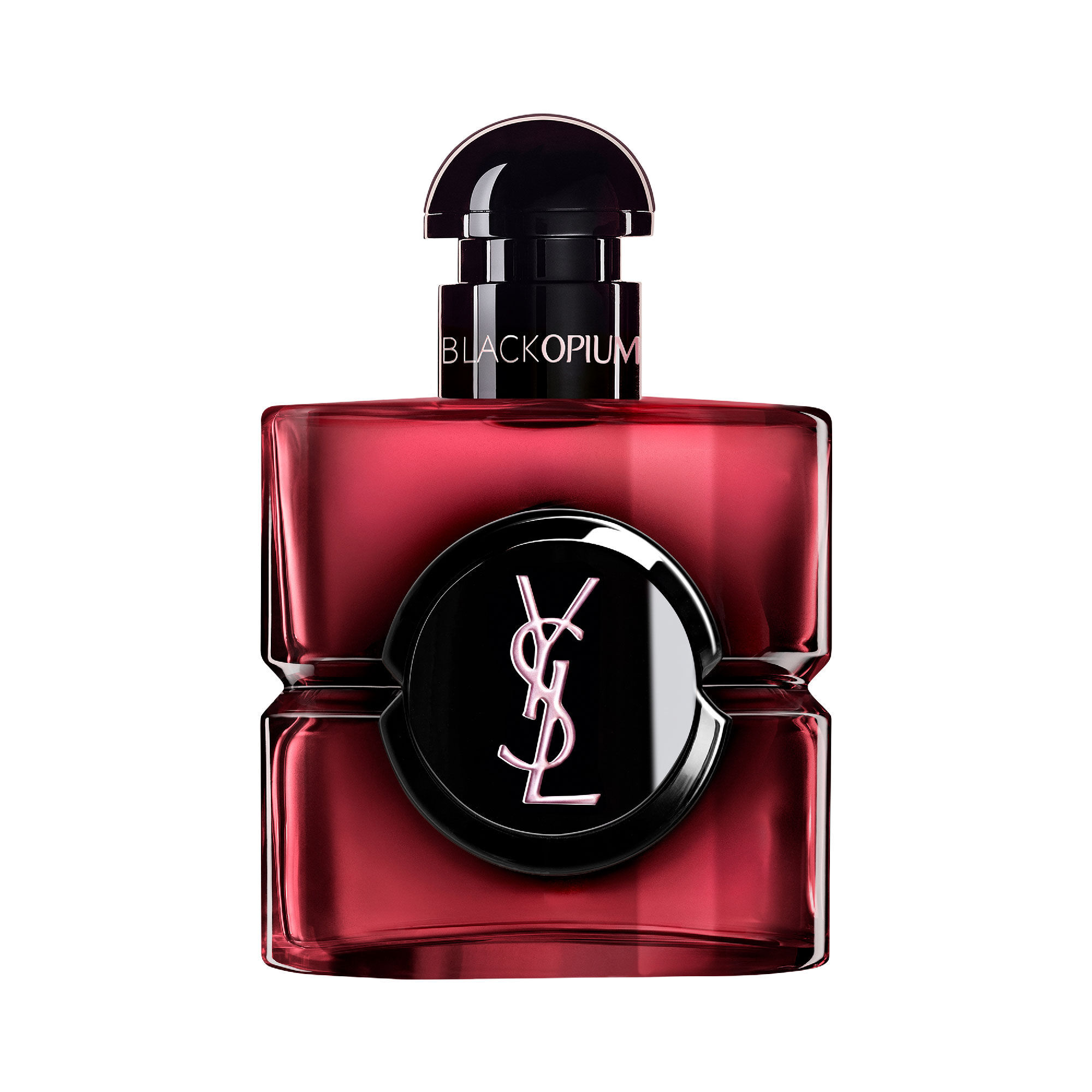 Flacon Black Opium Eau de Parfum Pink Glaze en laque rose
                        fonce avec un centre noir et le logo Cassandre YSL argente.