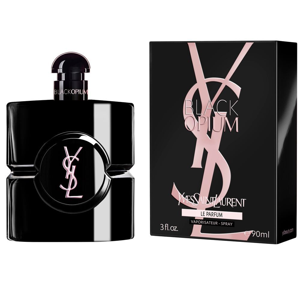 Flacon Black Opium Le Parfum a cote de son etui noir orne de la Cassandre YSL rose.