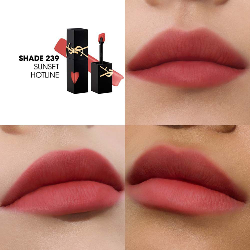 Montage mettant en scene le flacon de teinture a levres YSL et un echantillon de texture (en haut a gauche), accompagne de trois gros plans de teintes sur differentes carnations, dont une en train d'etre appliquee au pinceau.