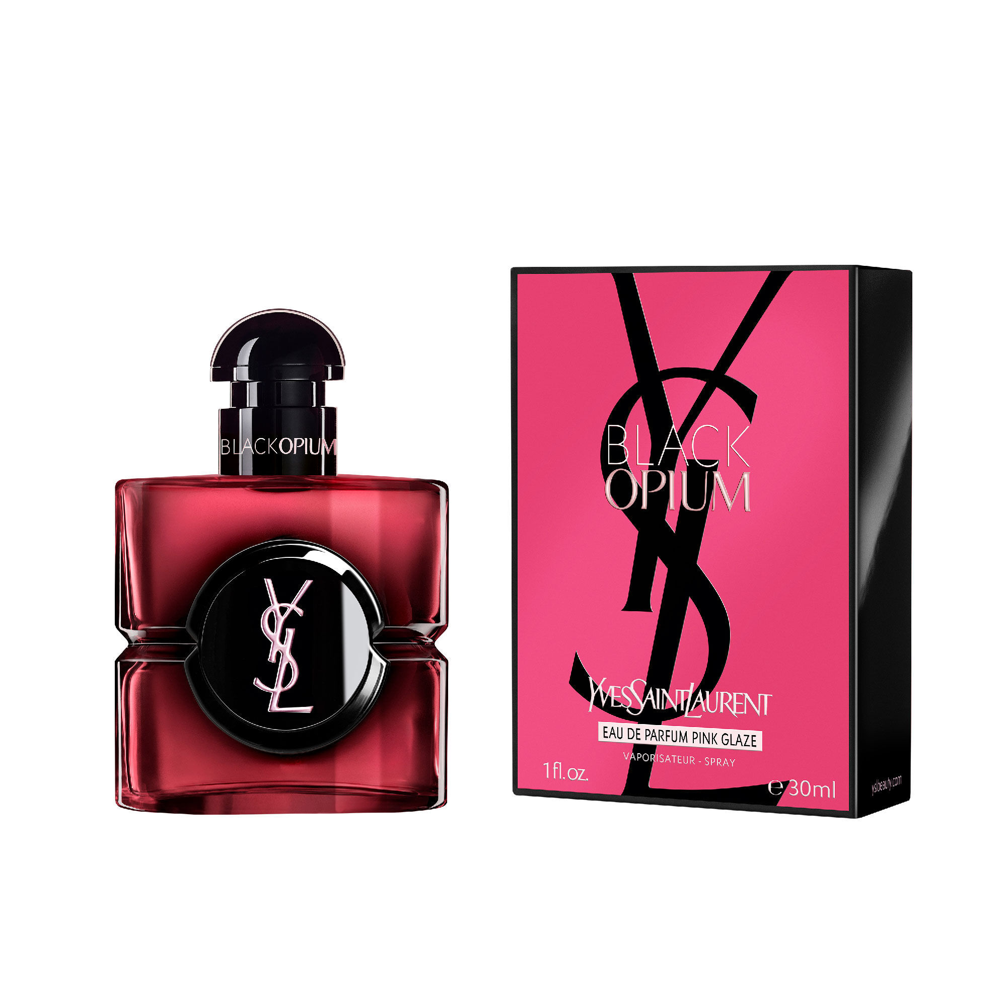 Flacon Black Opium Eau de Parfum Pink Glaze a cote de sa
                        boite fuchsia et noire ornee du Cassandre YSL.