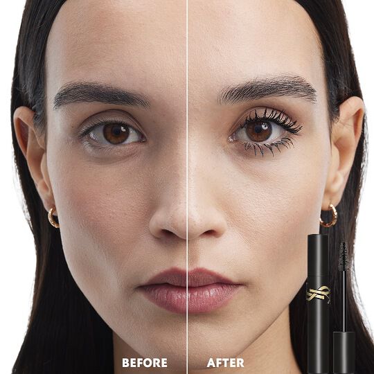Comparaison avant et après du Mascara Lash Clash en teinte prune. Le côté « Après » montre des cils épais, volumisés avec un reflet violet profond.