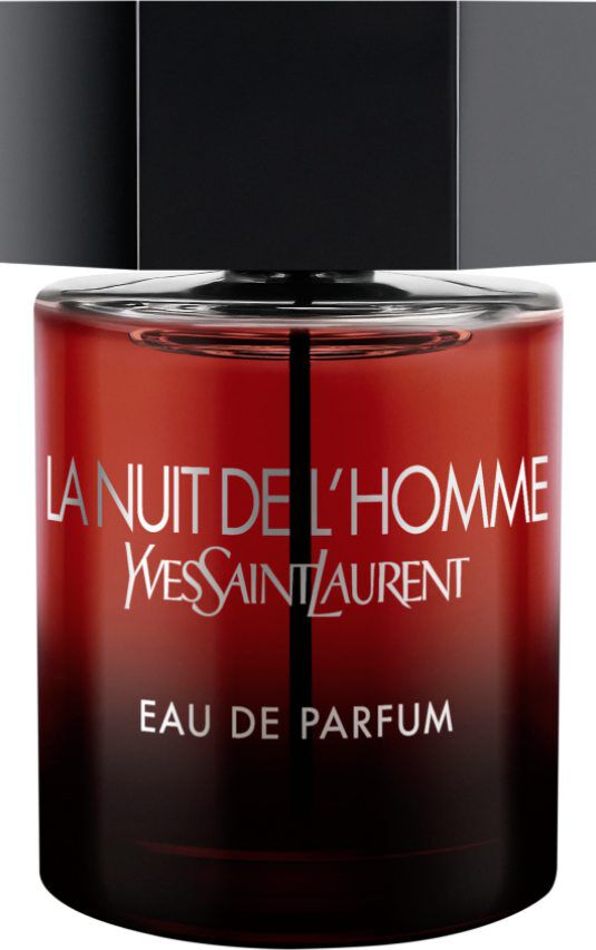 Un flacon d'eau de parfum Yves Saint Laurent La Nuit de L'Homme avec un corps en verre transparent et un capot hexagonal noir.