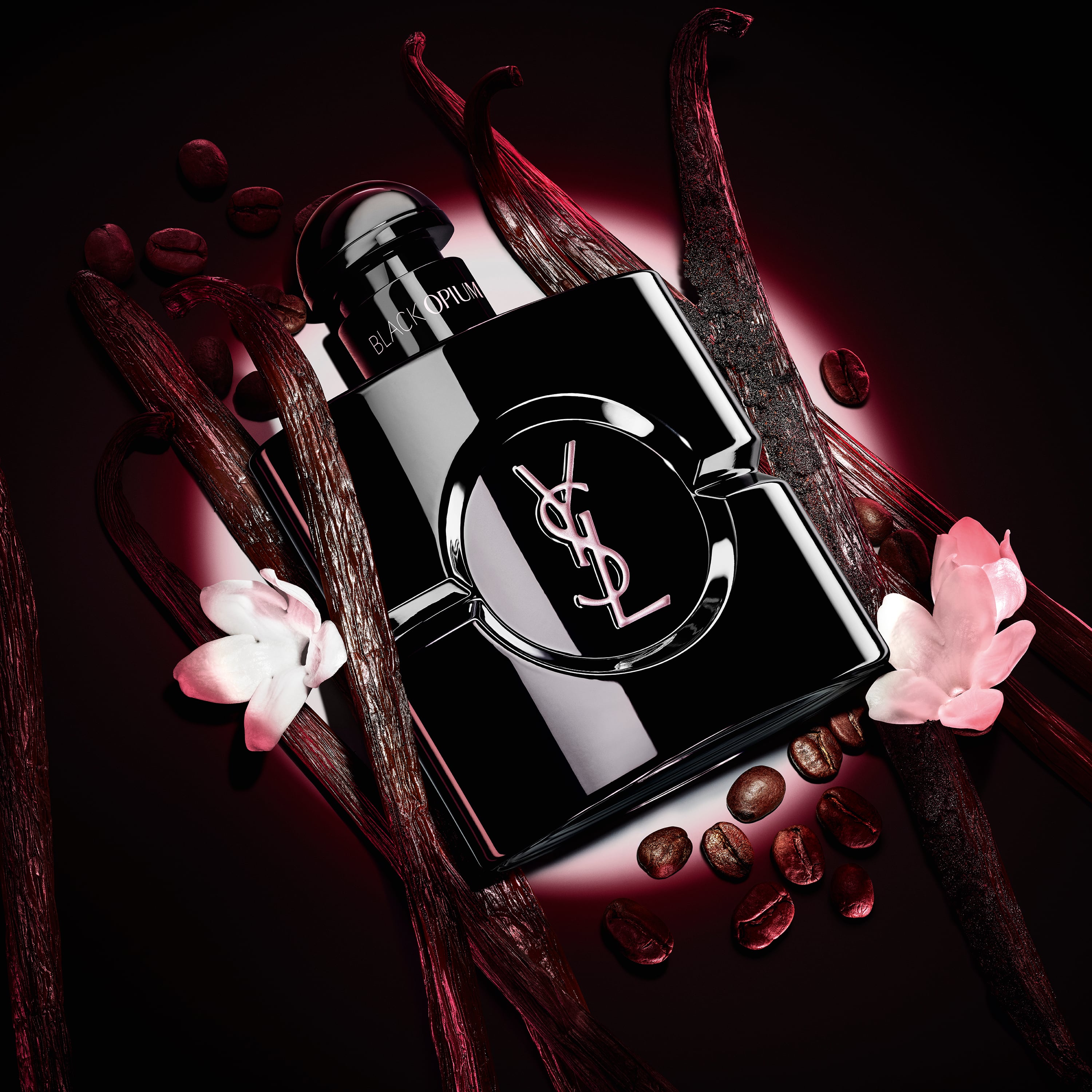 Flacon Black Opium Le Parfum noir brillant, entouré de gousses de vanille sombre et de jasmin blanc.