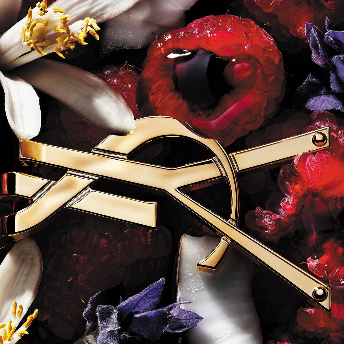 Logo YSL entouré de framboises, de fleurs blanches et violettes et de noix de coco.