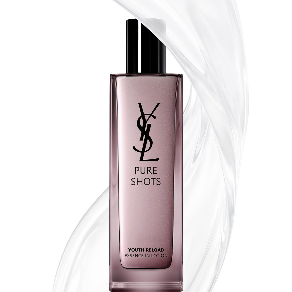 Flacon de YSL Beauty Pure Shots Youth Reload Essence-in-Lotion, entouré d'un tourbillon clair et dynamique de sa texture.