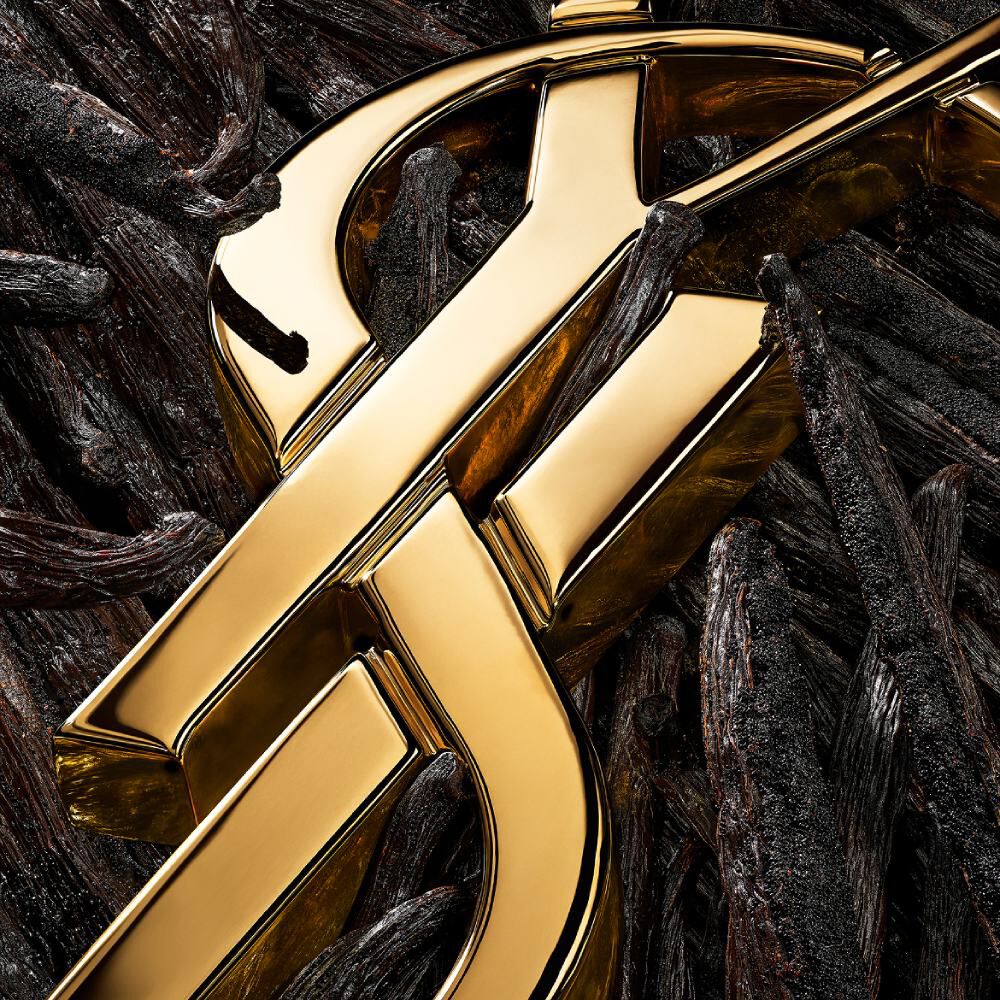 Très gros plan stylisé du logo YSL doré sur des gousses de vanille sombres, accentuant les textures.